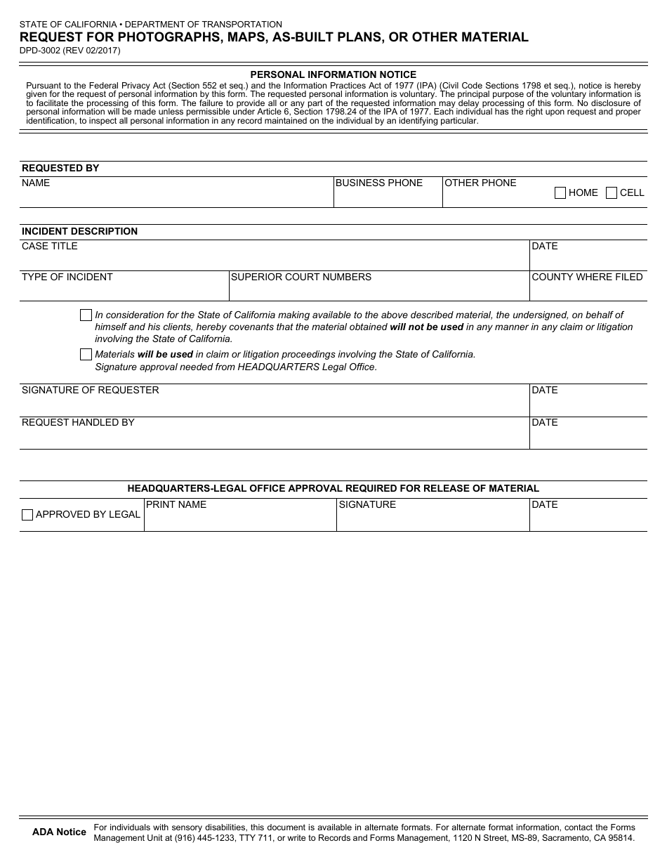 Form DPD-3002 Request for Photographs, Maps, as-Built Plans, or Other Material - California, Page 2
