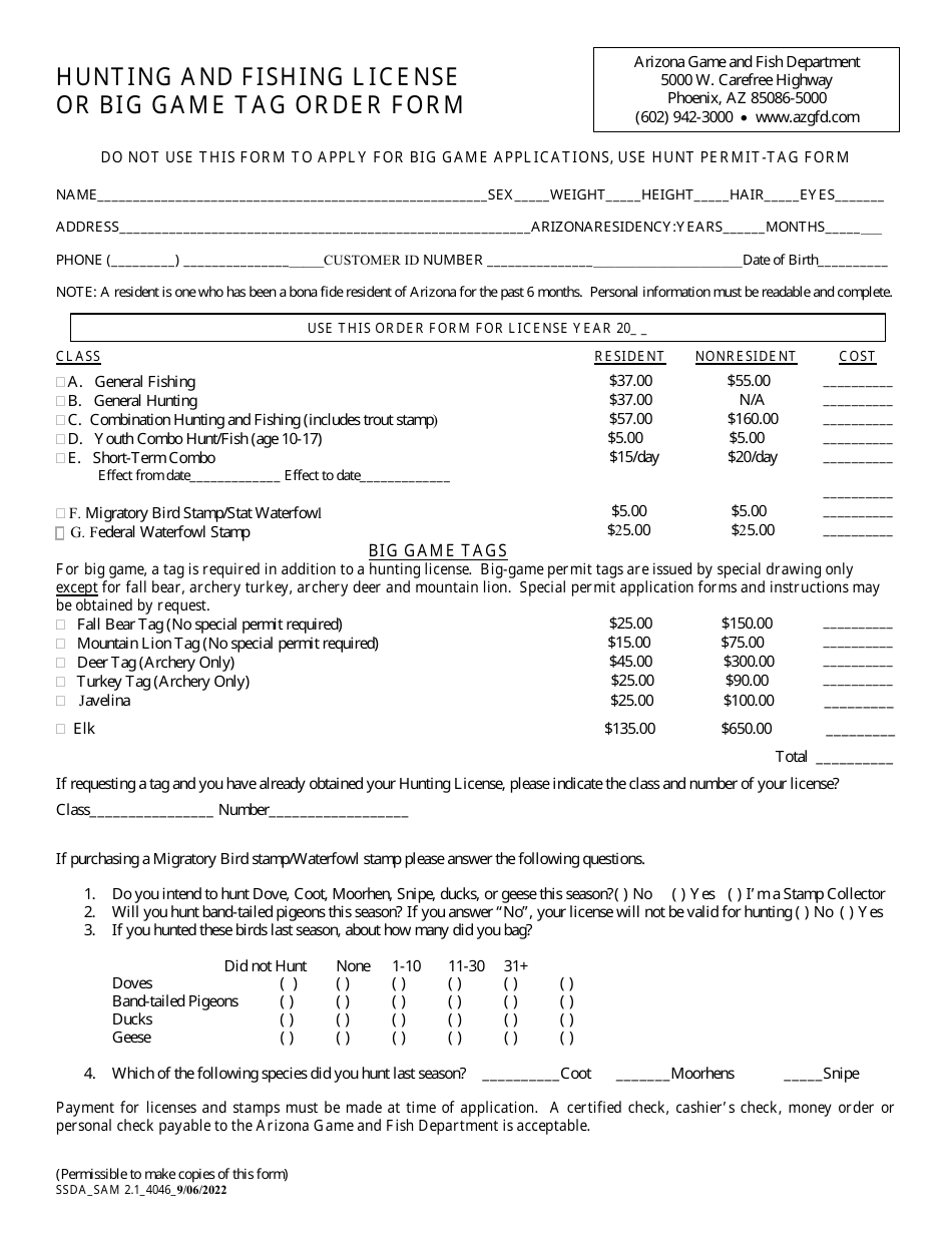 Hunting and Fishing License or Big Game Tag Order Form - Arizona, Page 1