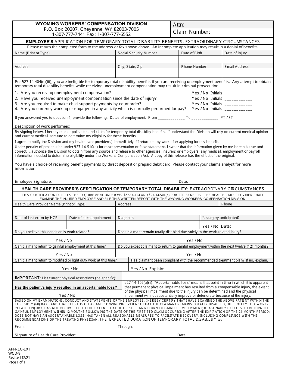 Form WCD-9 Employees Application for Temporary Total Disability Benefits: Extraordinary Circumstances - Wyoming, Page 1