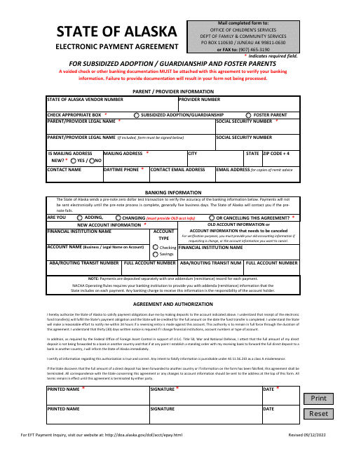 Electronic Payment Agreement for Subsidized Adoption / Guardianship and Foster Parents - Alaska Download Pdf