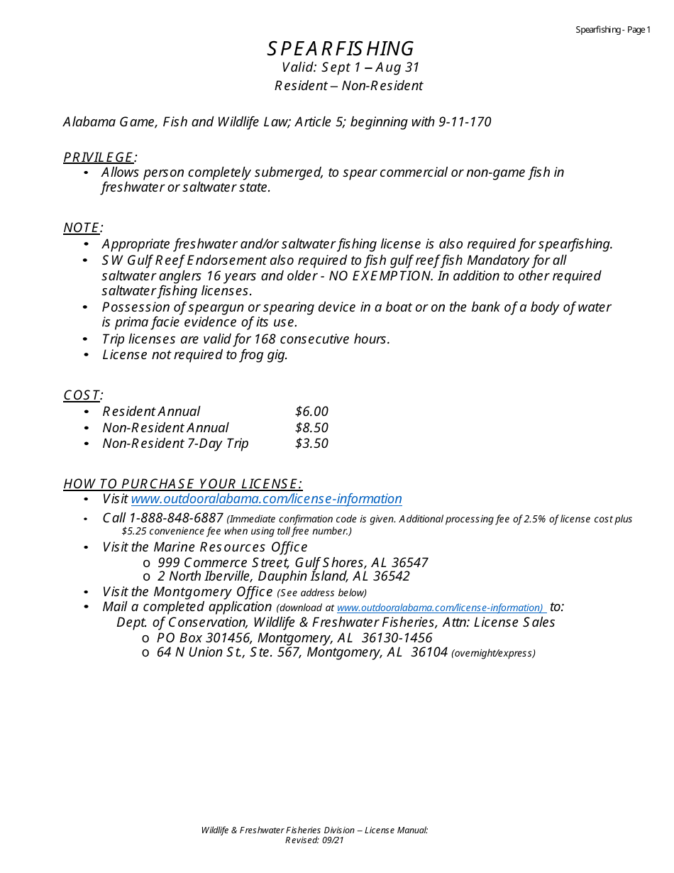 2023 Alabama Spearfishing License Resident Download Fillable PDF 2020   Spearfishing License Resident Alabama Print Big 