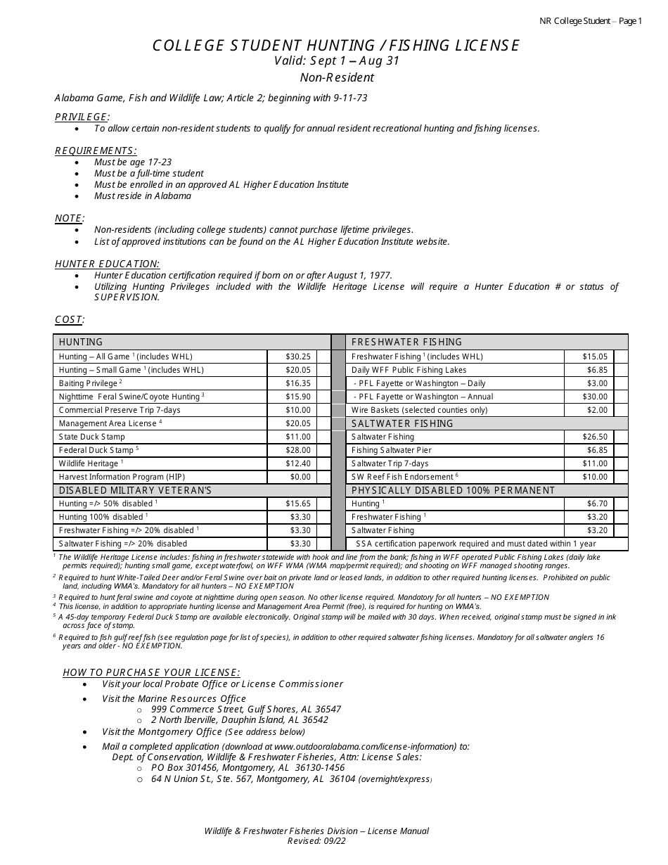College Student Hunting / Fishing License - Non-resident - Age 17-23 - Alabama, Page 1