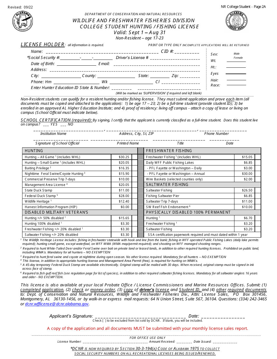 College Student Hunting / Fishing License - Non-resident - Age 17-23 - Alabama, Page 2
