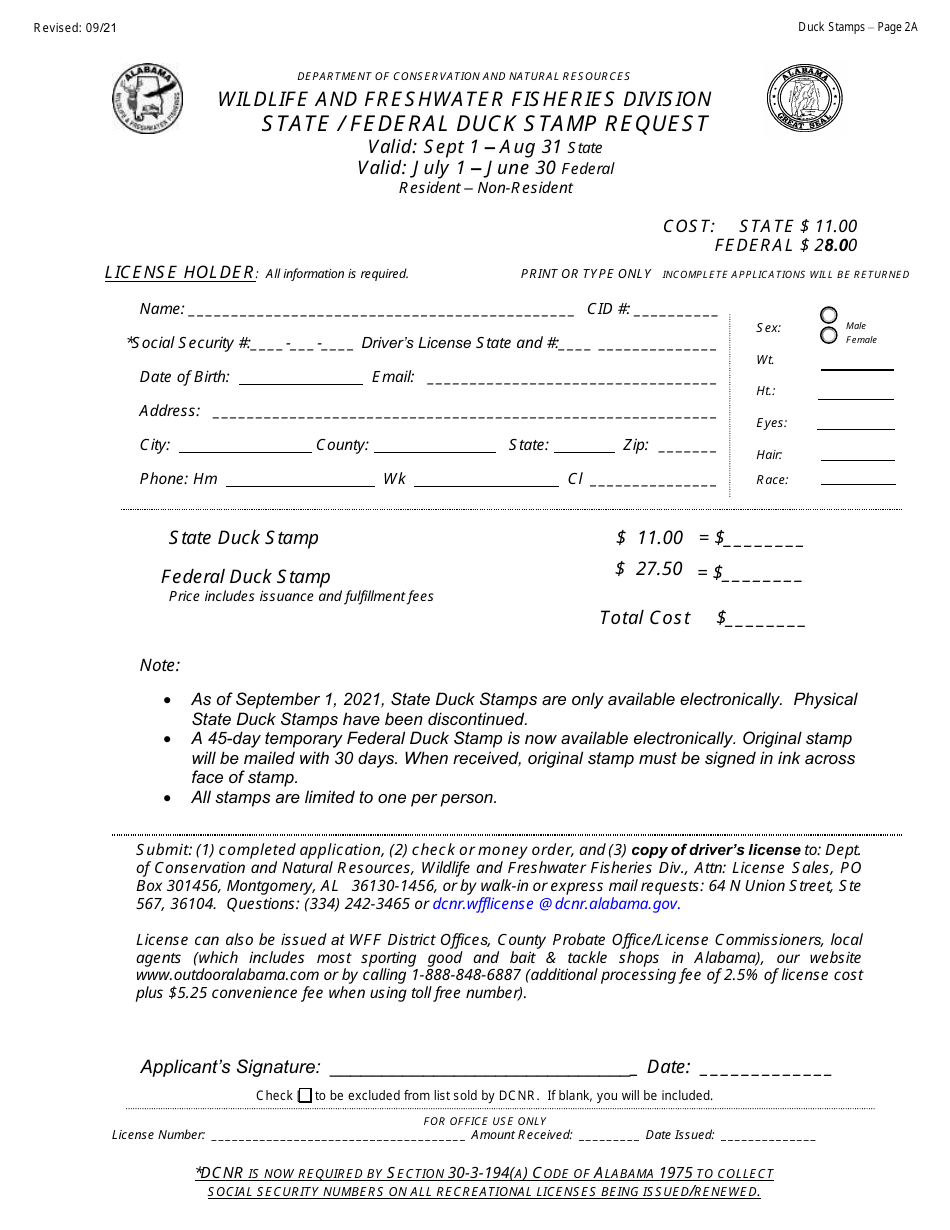 State / Federal Duck Stamp Request - Resident - Non-resident - Alabama, Page 2