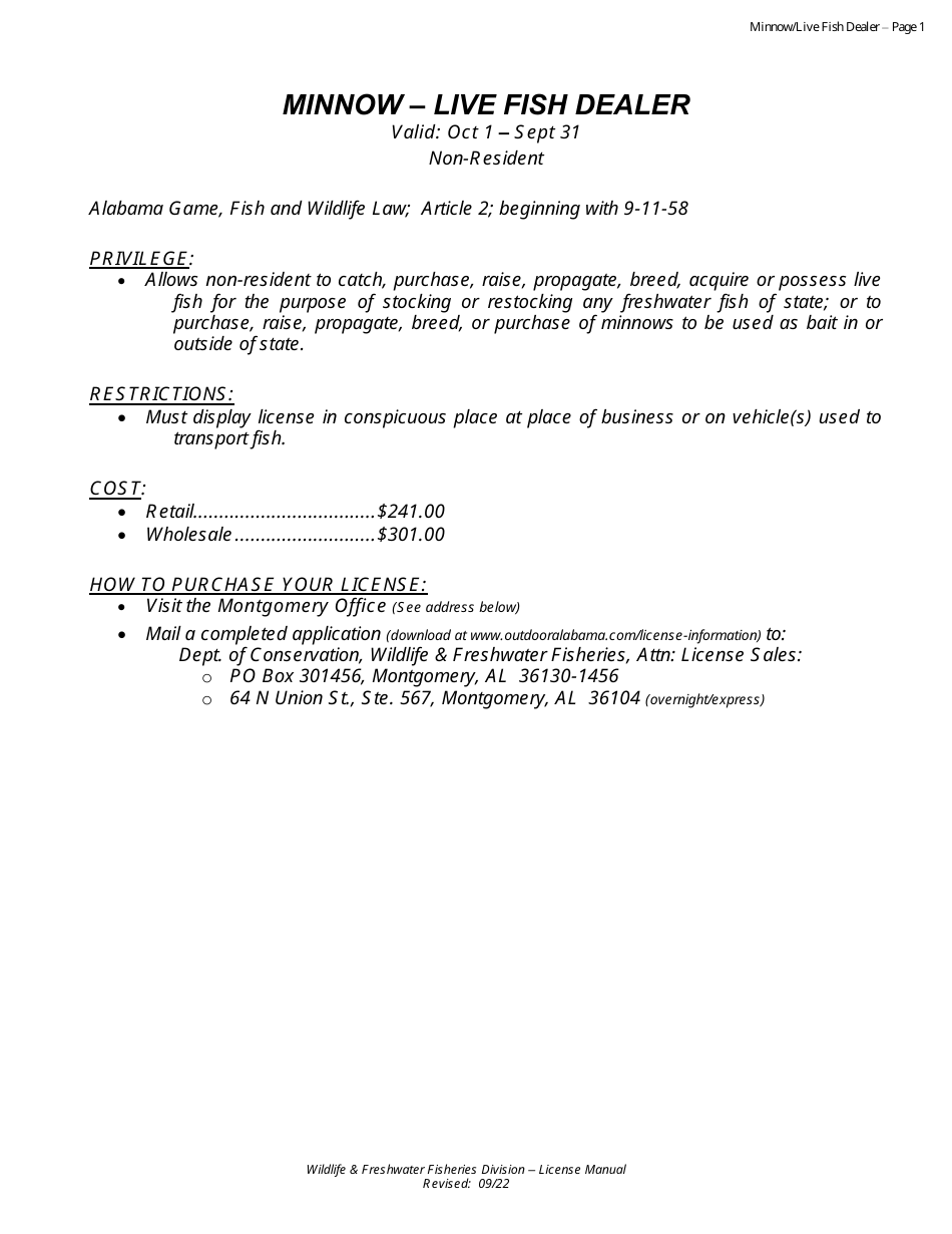 Minnow and / or Live Fish License - Non-resident - Alabama, Page 1