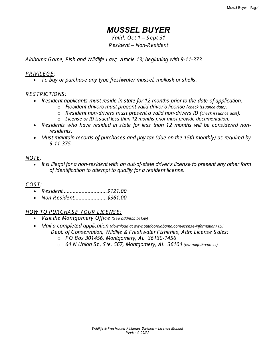 Mussel Buyer License - Resident - Non-resident - Alabama, Page 1