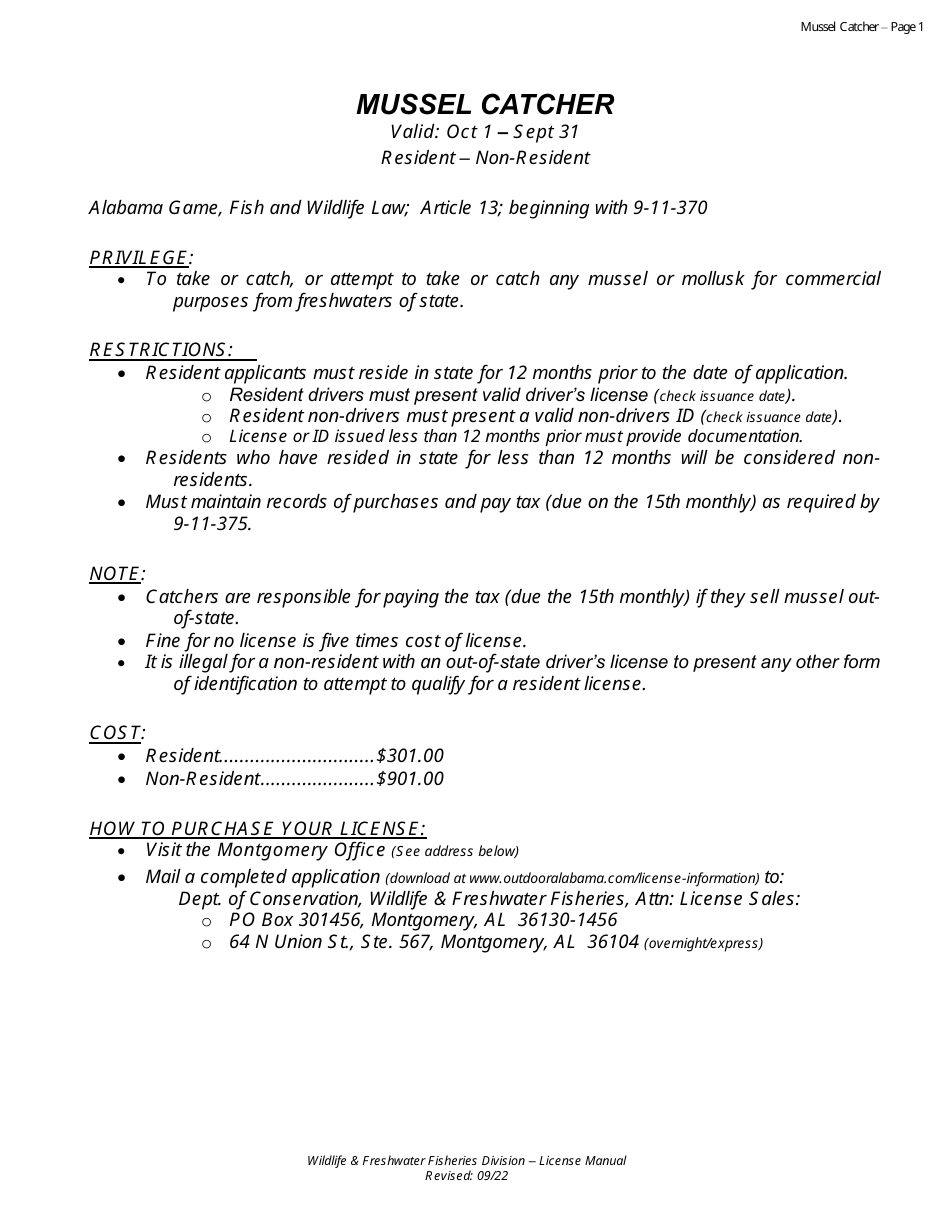 Mussel Catcher License - Resident - Non-resident - Alabama, Page 1