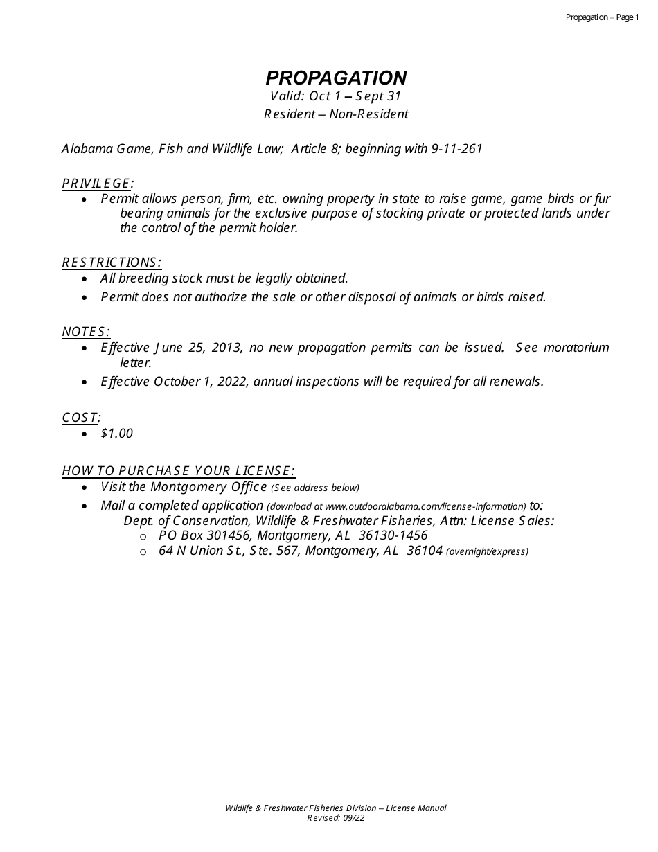 Propagation Permit - Resident - Non-resident - Alabama, Page 1
