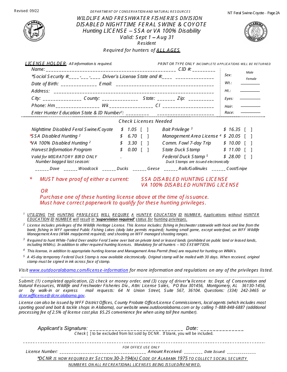 Disabled Nighttime Feral Swine  Coyote Hunting License - Ssa or VA 100% Disability - Resident - Alabama, Page 2
