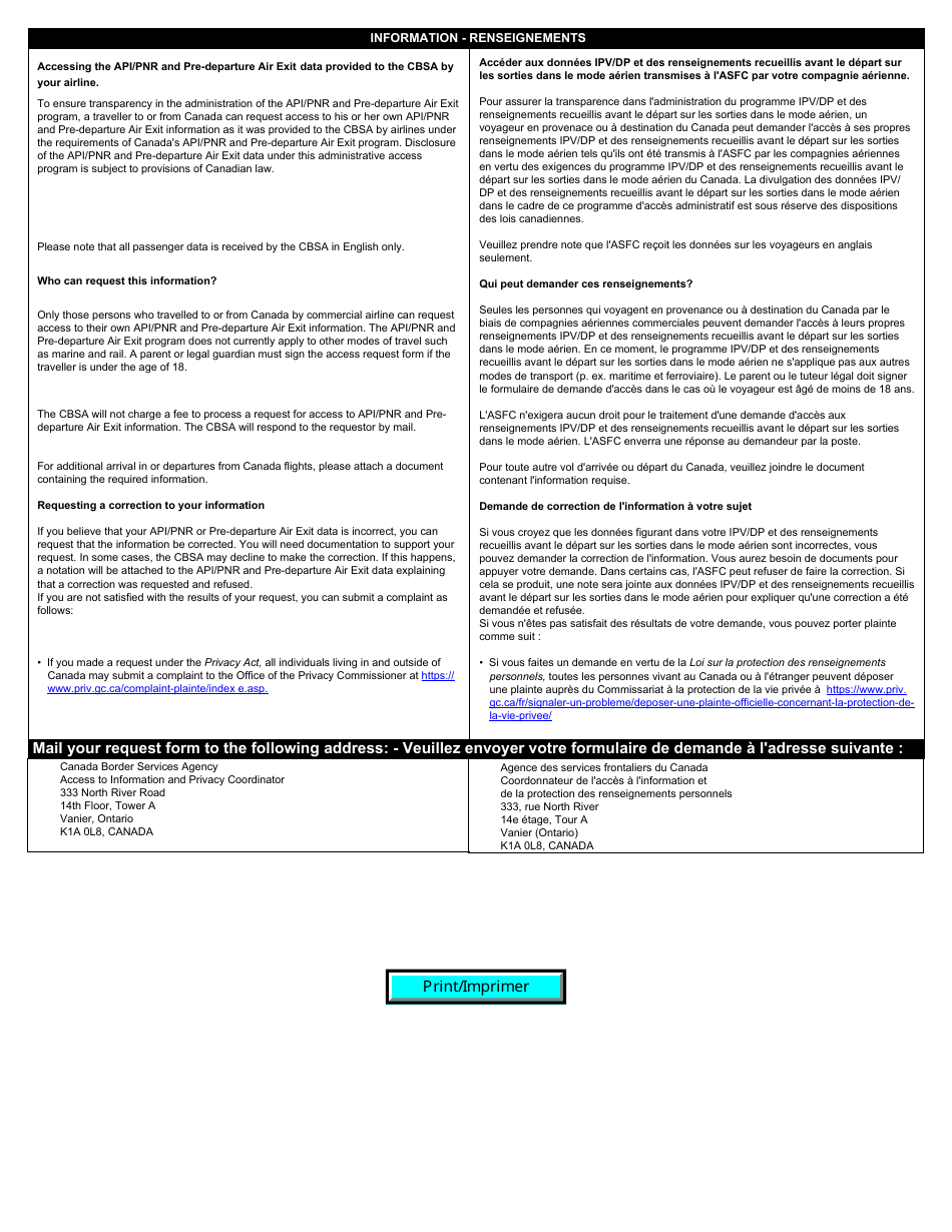 Form BSF153 Travellers Api / Pnr and Pre-departure Air Exit Information Request - Canada (English / French), Page 2