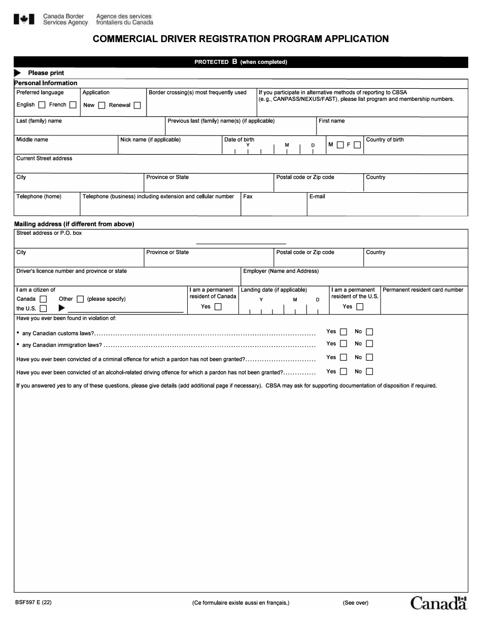 Form BSF597 Commercial Driver Registration Program Application - Canada, Page 1