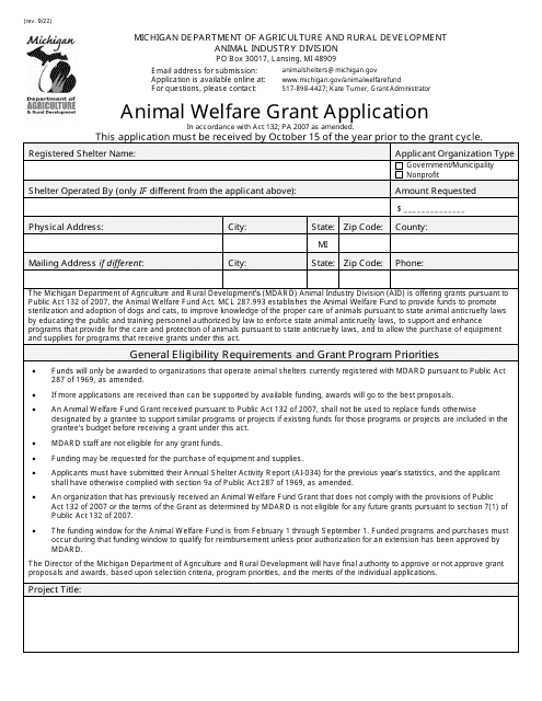 Animal Welfare Grant Application - Michigan Download Pdf