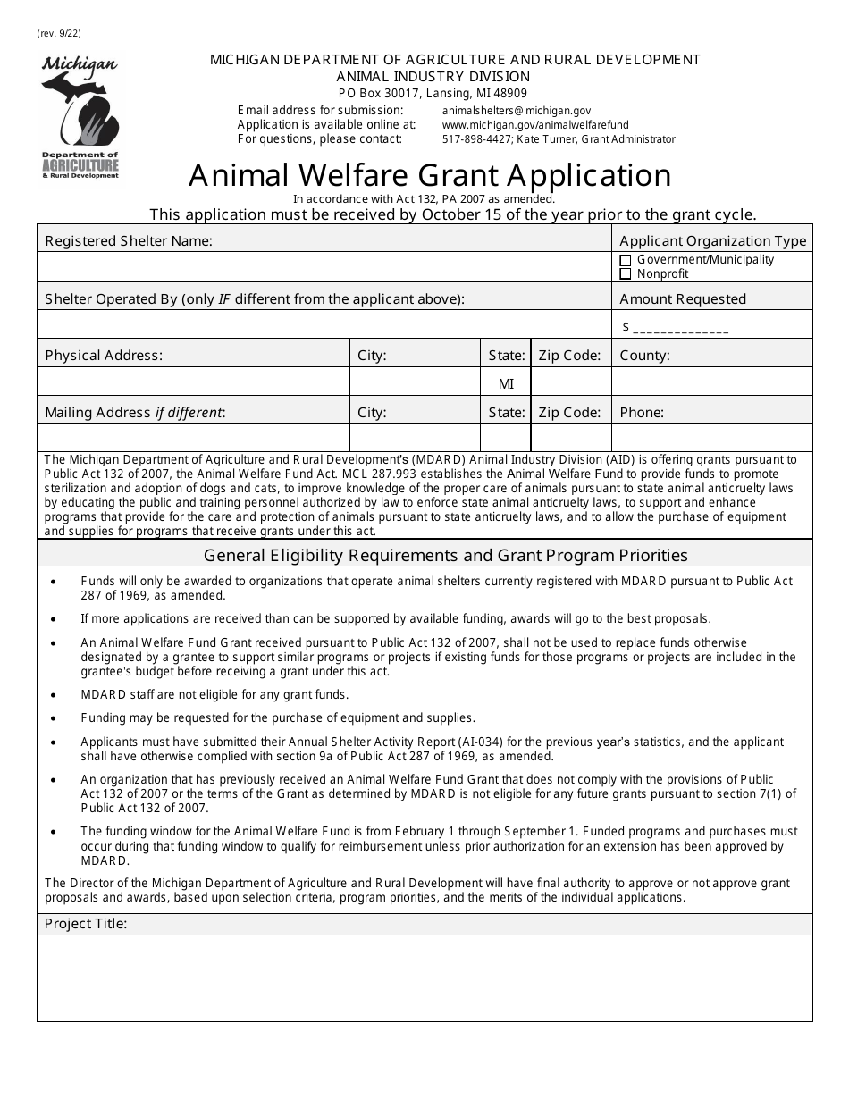 Michigan Animal Welfare Grant Application Fill Out, Sign Online and