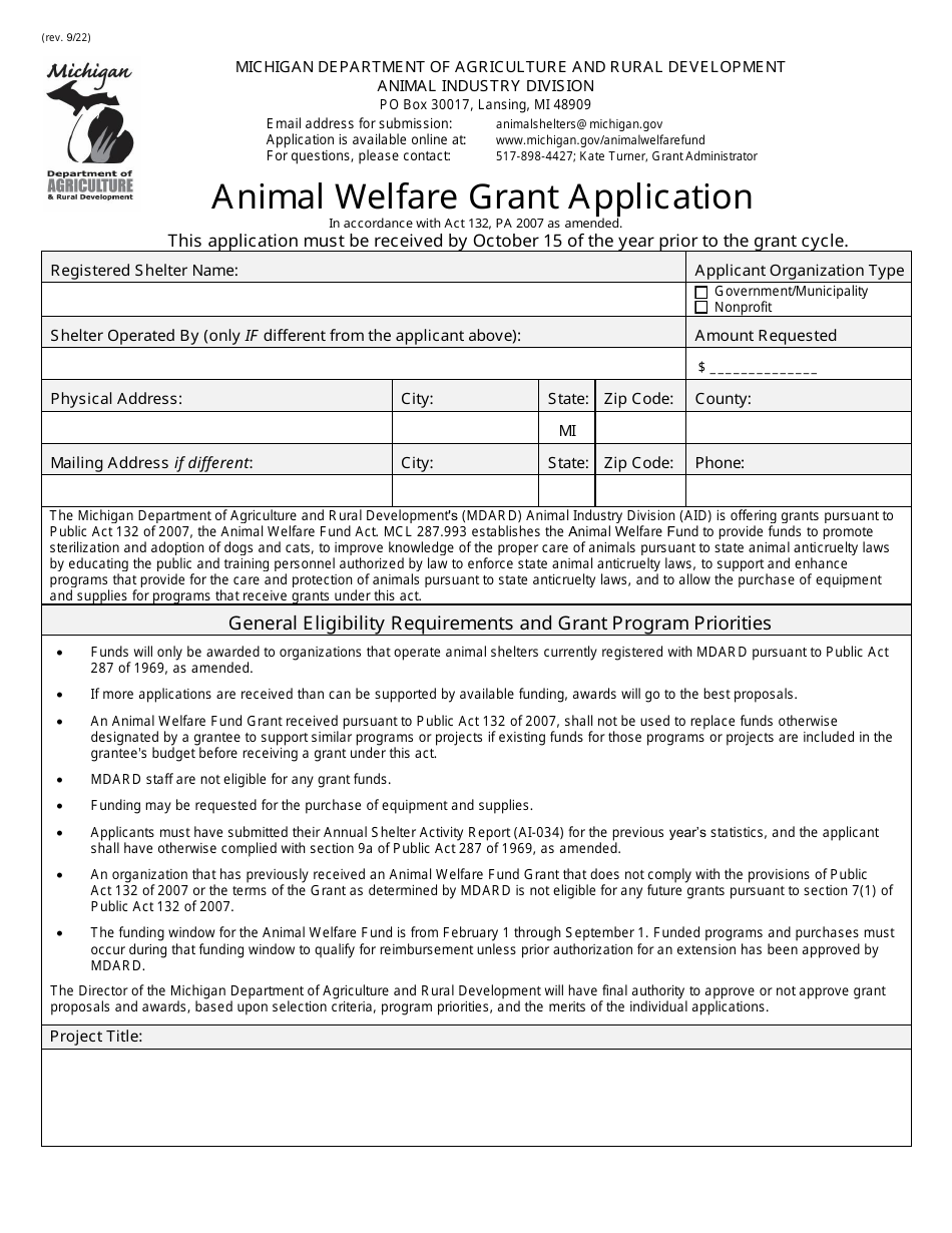 Animal Welfare Grant Application - Michigan, Page 1