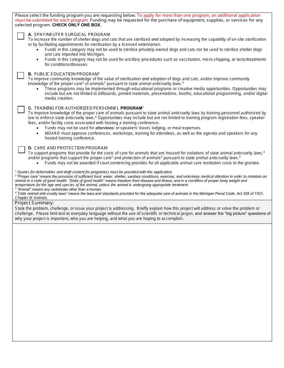 Animal Welfare Grant Application - Michigan, Page 2