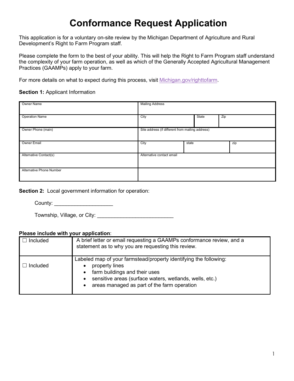 Conformance Request Application - Michigan, Page 1