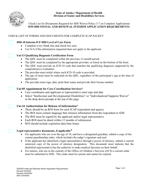 Check List for Documents Required for Sds Waiver Policy 3-7 on Complete Applications - Alaska Download Pdf