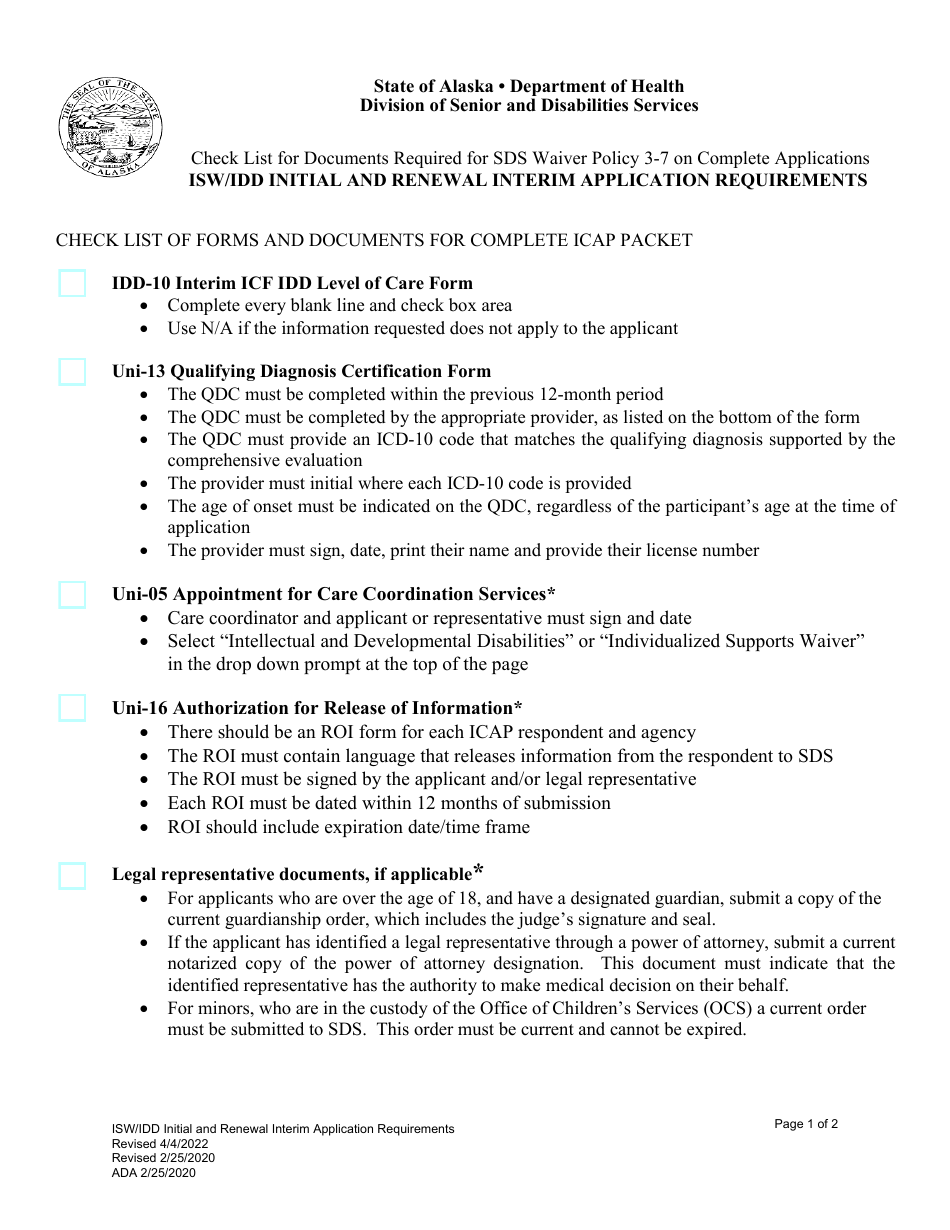 Check List for Documents Required for Sds Waiver Policy 3-7 on Complete Applications - Alaska, Page 1