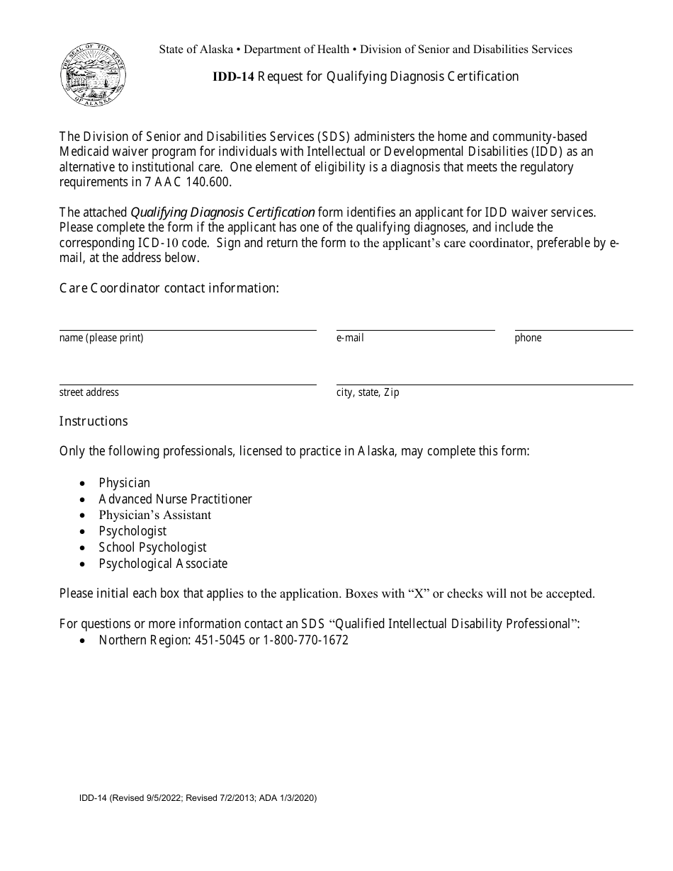 Form IDD-14 Request for Qualifying Diagnosis Certification - Alaska, Page 1