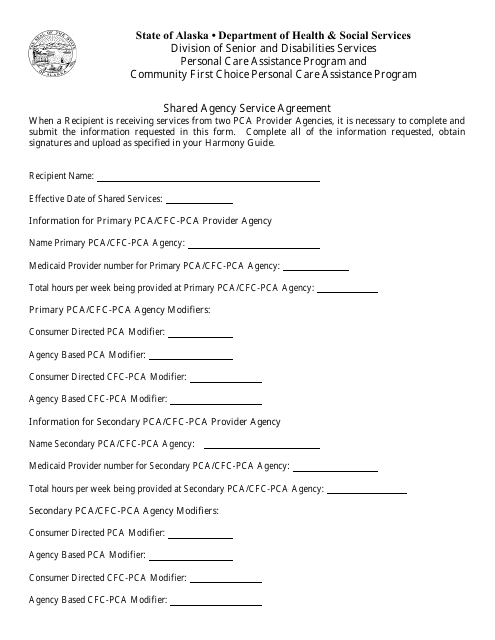 Form PCA-17 (CFC-07) Shared Agency Service Agreement - Alaska