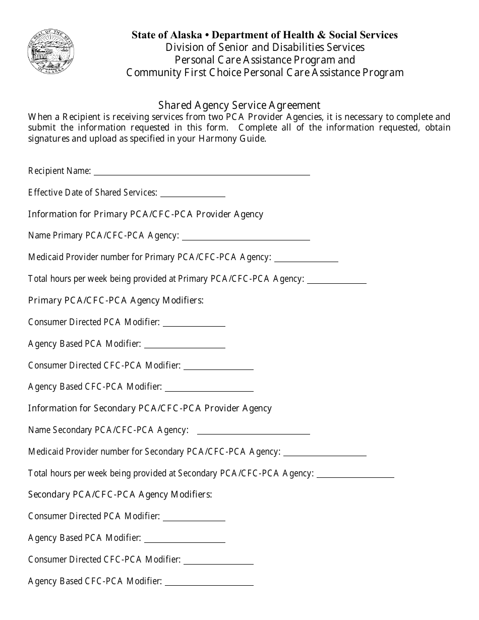 Form PCA-17 (CFC-07) Shared Agency Service Agreement - Alaska, Page 1