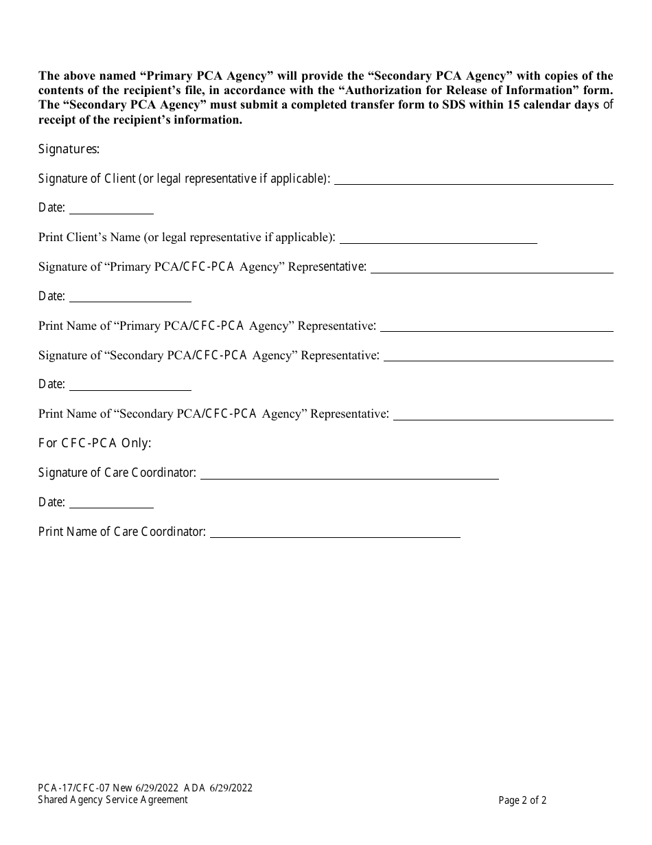 Form PCA-17 (CFC-07) Shared Agency Service Agreement - Alaska, Page 2
