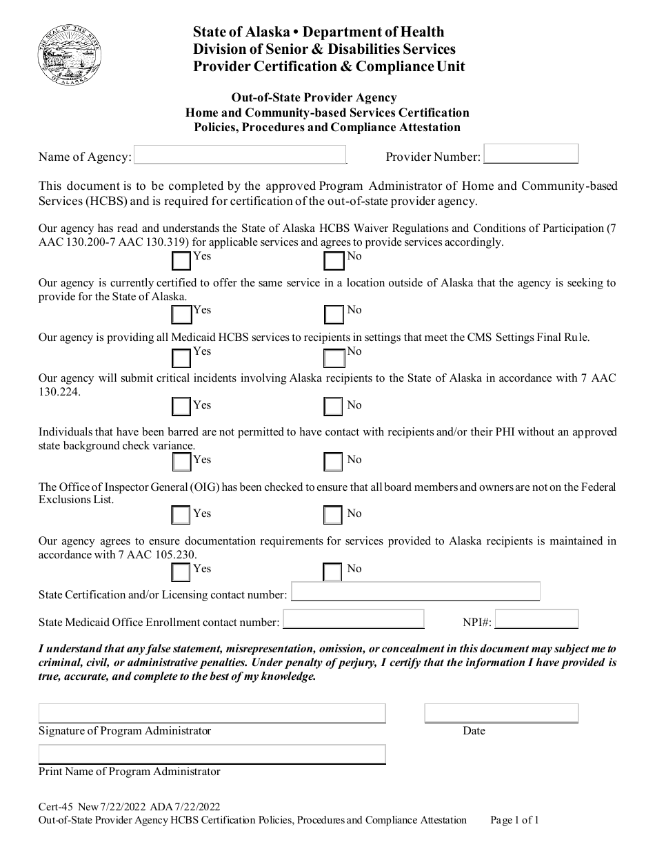Form CERT-45 Home and Community-Based Services Certification - Policies, Procedures and Compliance Attestation - Alaska, Page 1