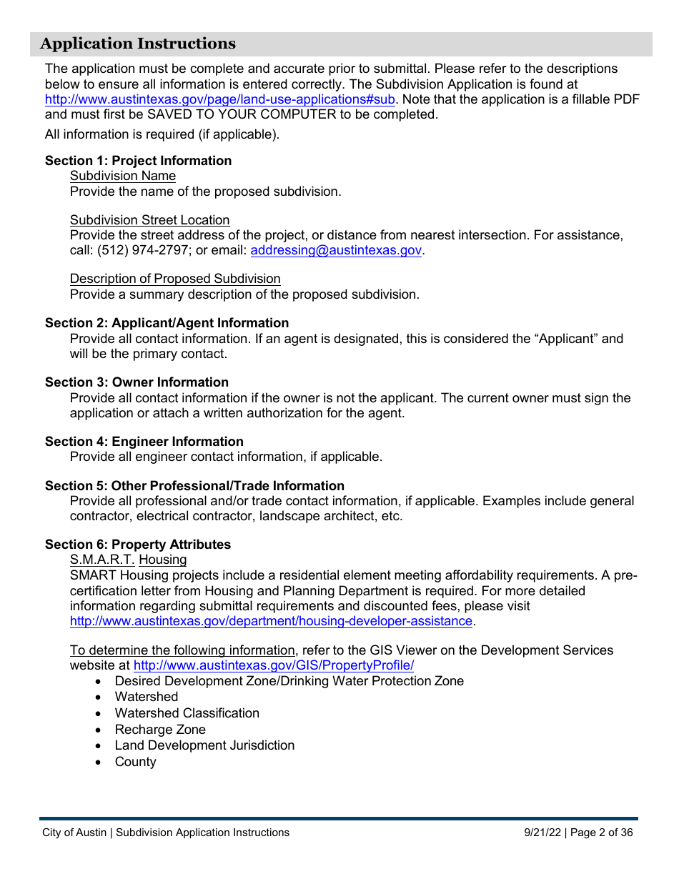 Subdivision Application Instructions - City of Austin, Texas, Page 2