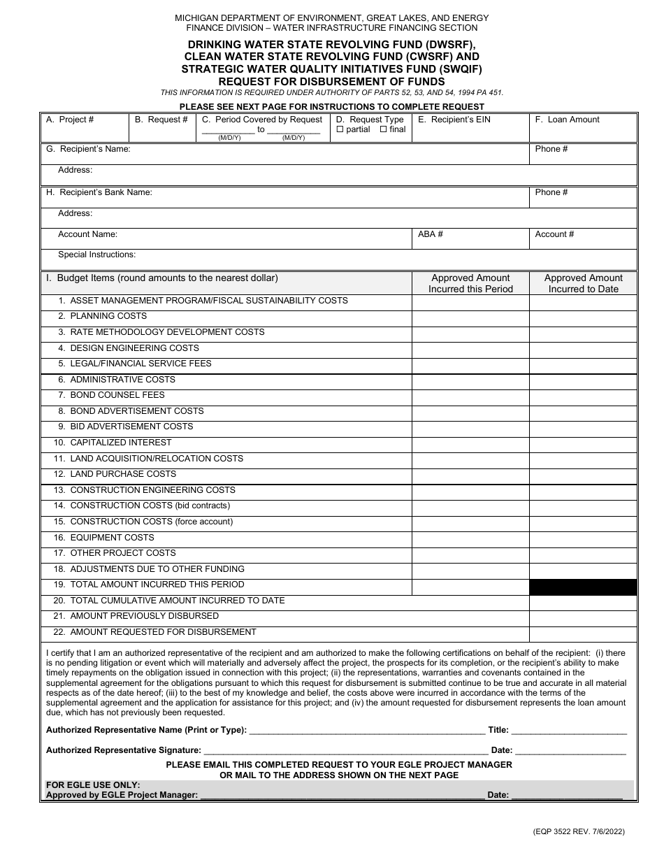 Form EQP3522 Request for Disbursement of Funds - Michigan, Page 1