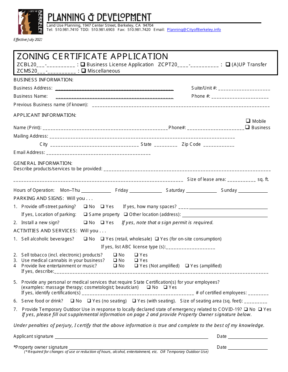 Zoning Certificate Application - City of Berkeley, California, Page 1