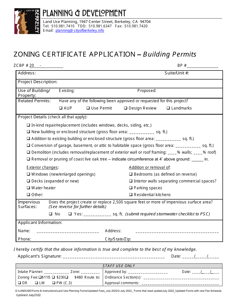 Zoning Certificate Application - Building Permits - City of Berkeley, California, Page 1