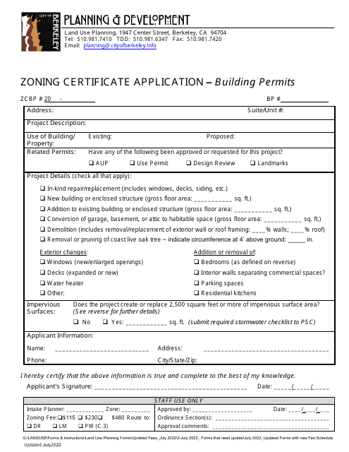 Zoning Certificate Application - Building Permits - City of Berkeley, California