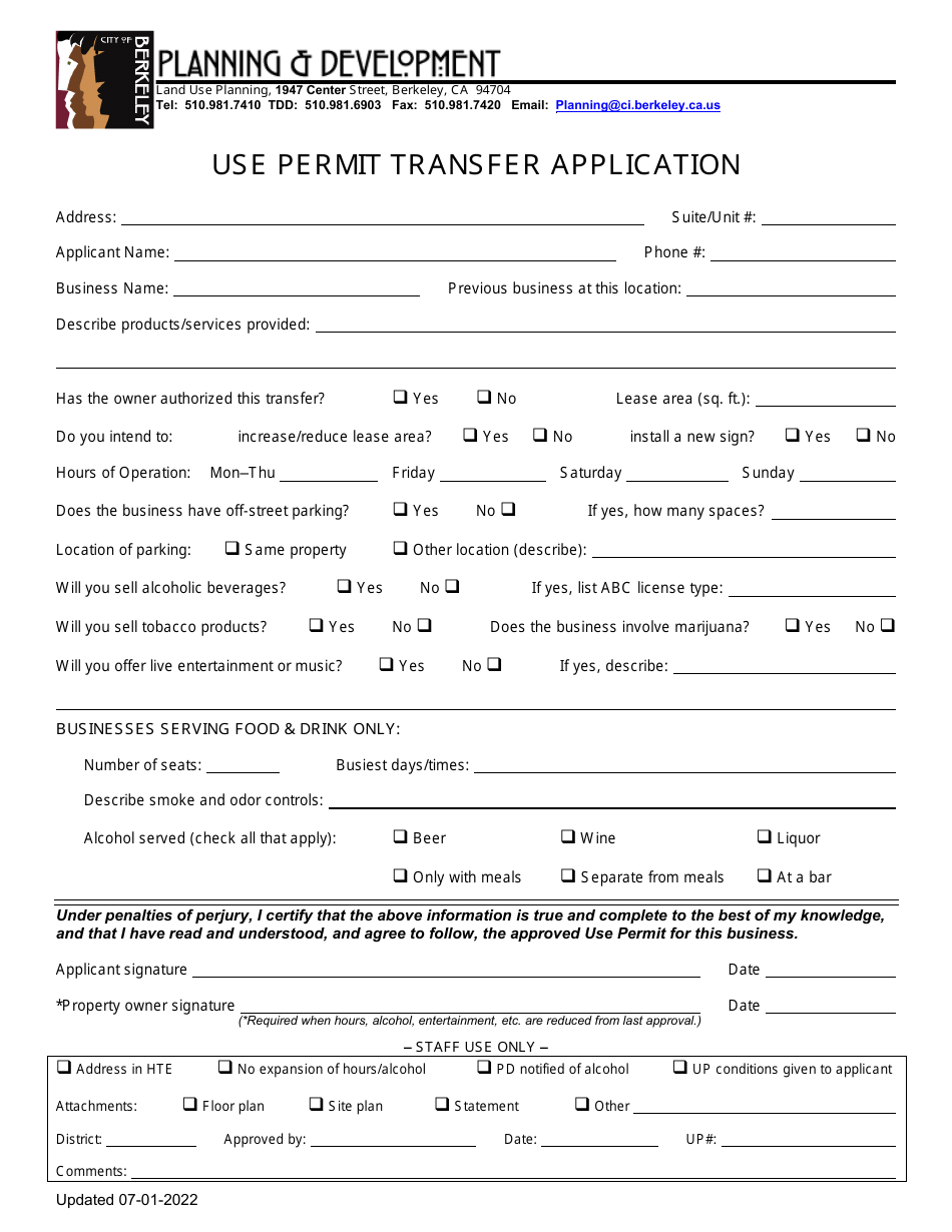 Use Permit Transfer Application - City of Berkeley, California, Page 1