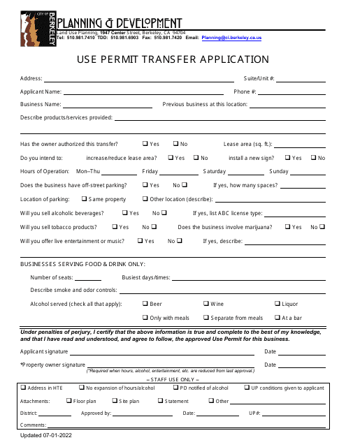 Use Permit Transfer Application - City of Berkeley, California