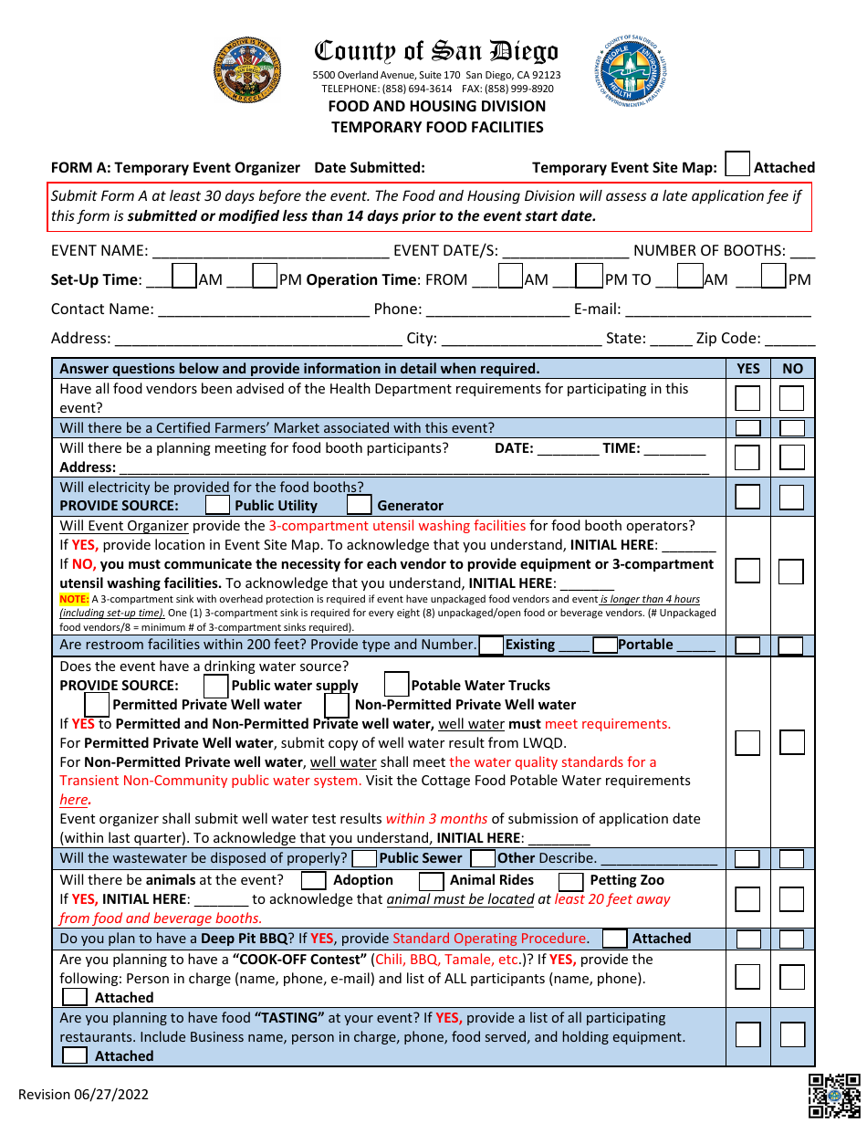 Form A Temporary Event Organizer Application - County of San Diego, California, Page 1