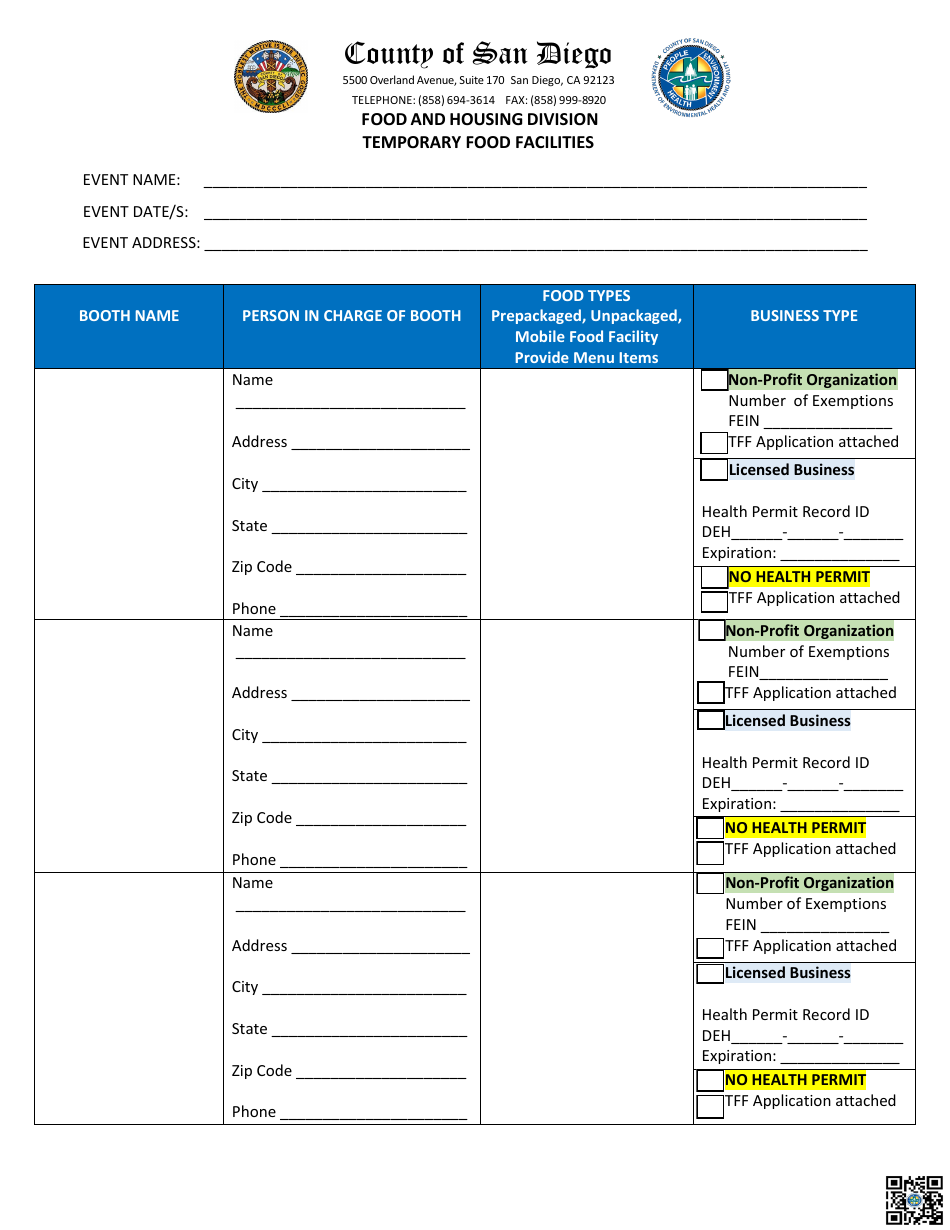 Form A Temporary Event Organizer Application - County of San Diego, California, Page 5
