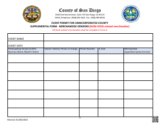 Form B Event Permit for Unincorporated County Supplemental Form - Merchandise Vendors (Non-food Related Merchandise) - County of San Diego, California, Page 2
