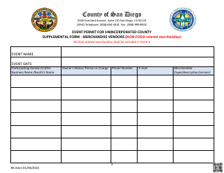 Form B Event Permit for Unincorporated County Supplemental Form - Merchandise Vendors (Non-food Related Merchandise) - County of San Diego, California, Page 3