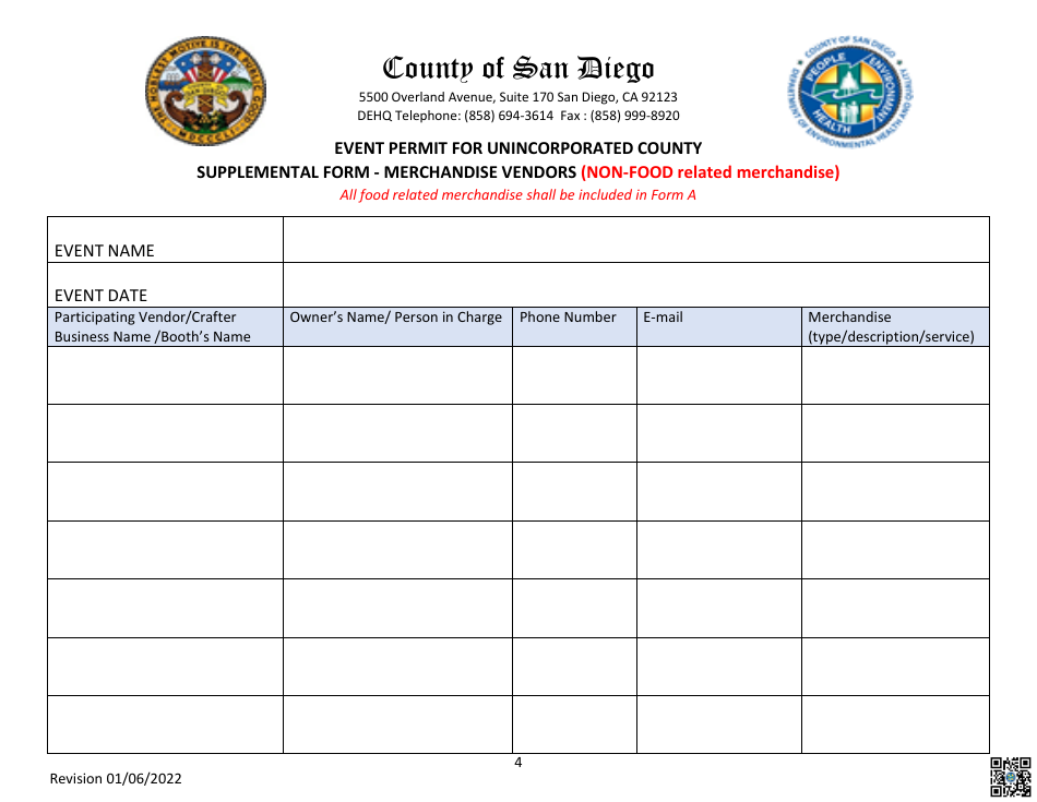Form B Event Permit for Unincorporated County Supplemental Form - Merchandise Vendors (Non-food Related Merchandise) - County of San Diego, California, Page 4