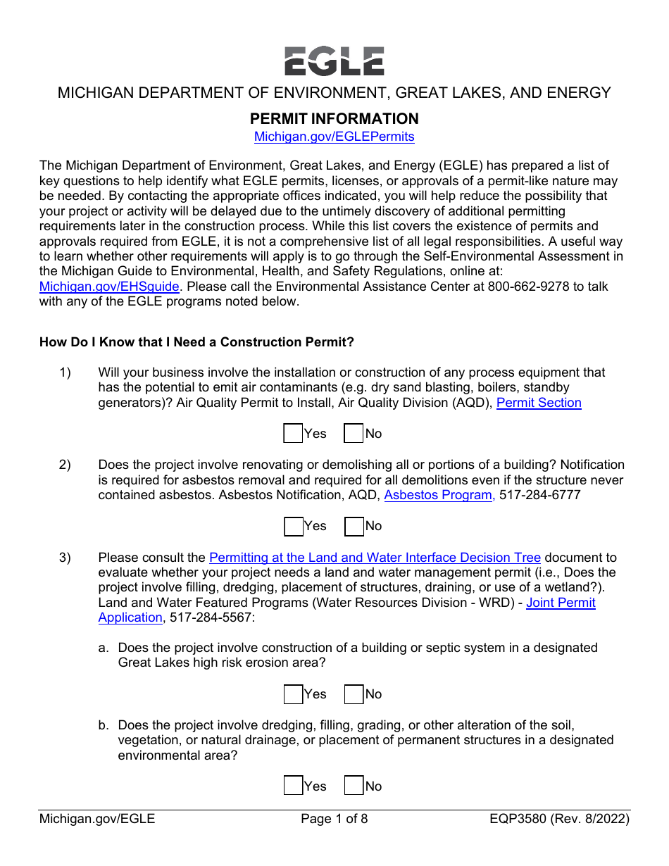 Form EQP3580 Permit Information Checklist - Michigan, Page 1