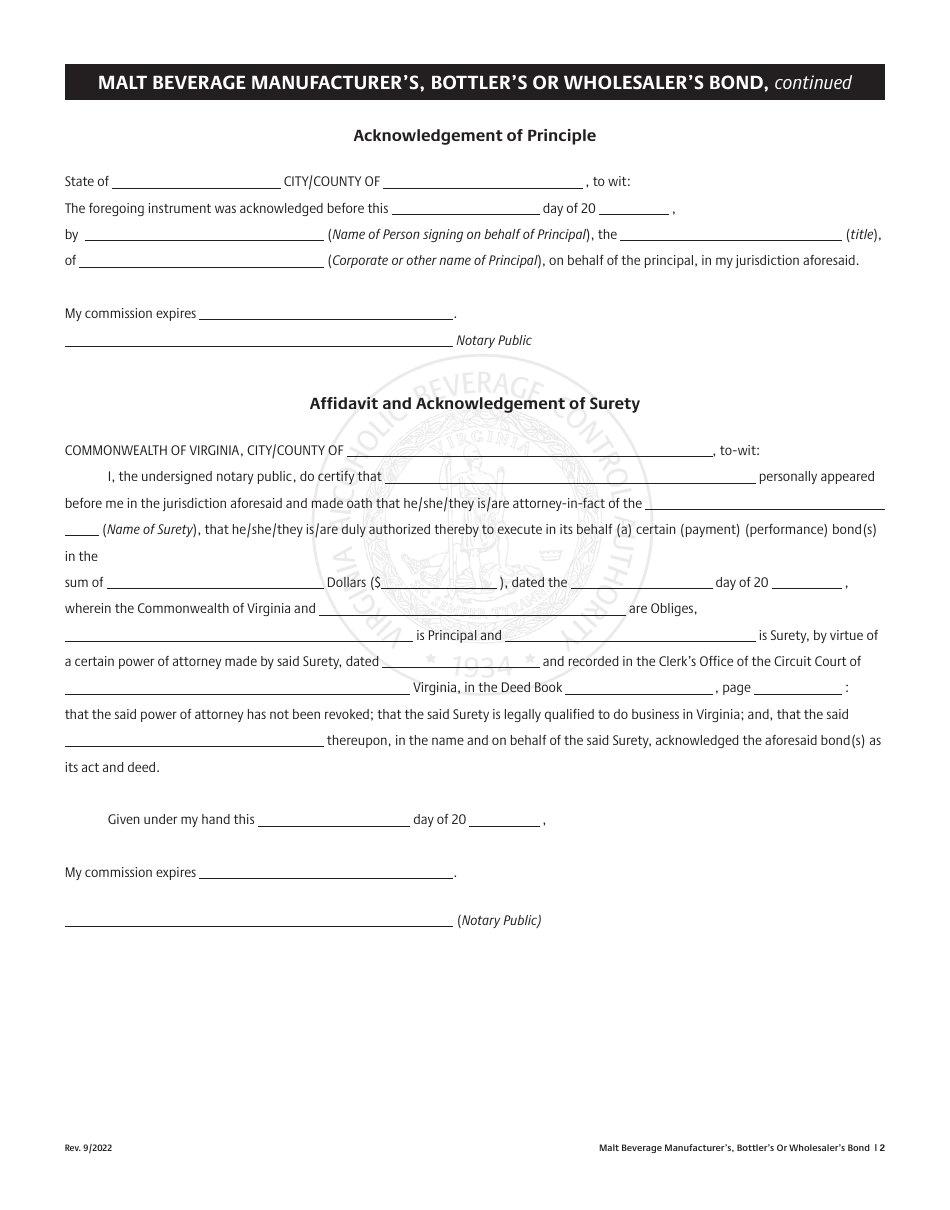 Malt Beverage Manufacturers, Bottlers or Wholesalers Bond - Virginia, Page 2