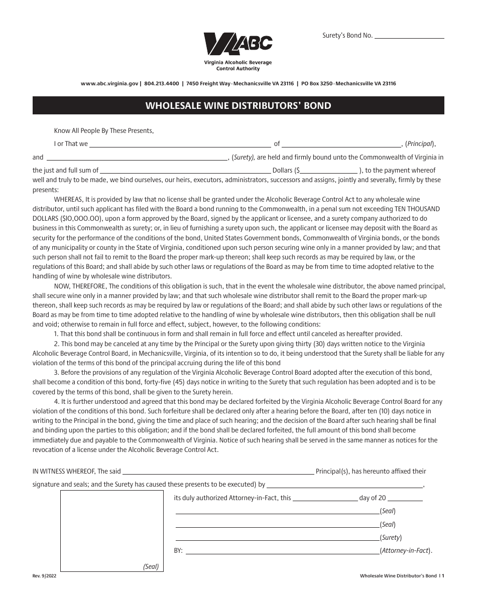 Virginia Wholesale Wine Distributors' Bond Download Printable PDF