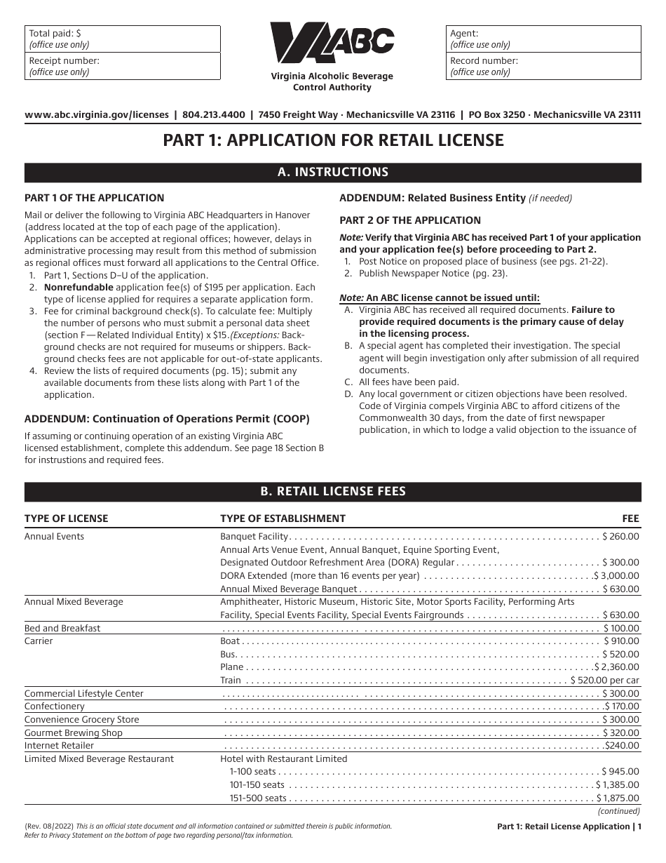 Retail License Application - Virginia, Page 1