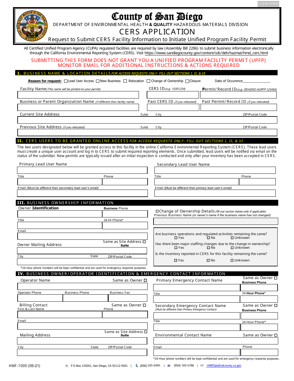 Form HMF-1000 Cers Application - County of San Diego, California, Page 1
