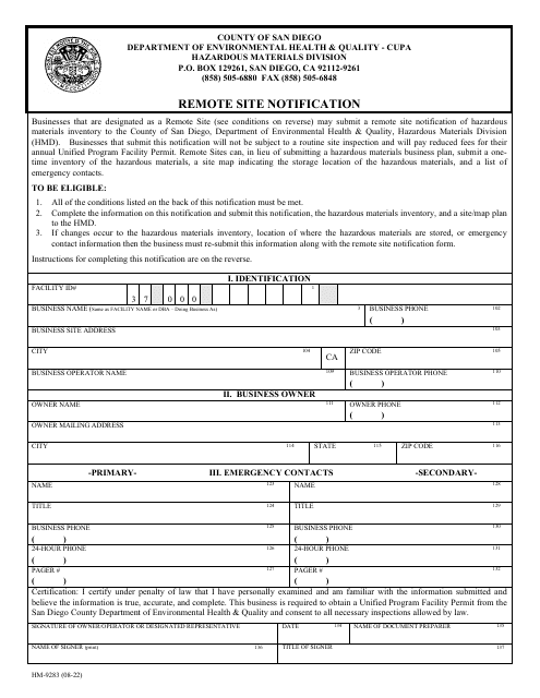 Form HM-9283 Remote Site Notification - County of San Diego, California