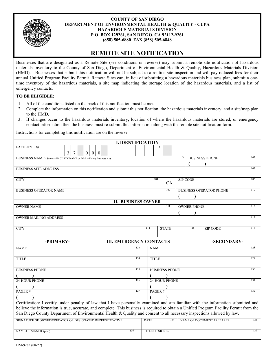Form HM-9283 Remote Site Notification - County of San Diego, California, Page 1