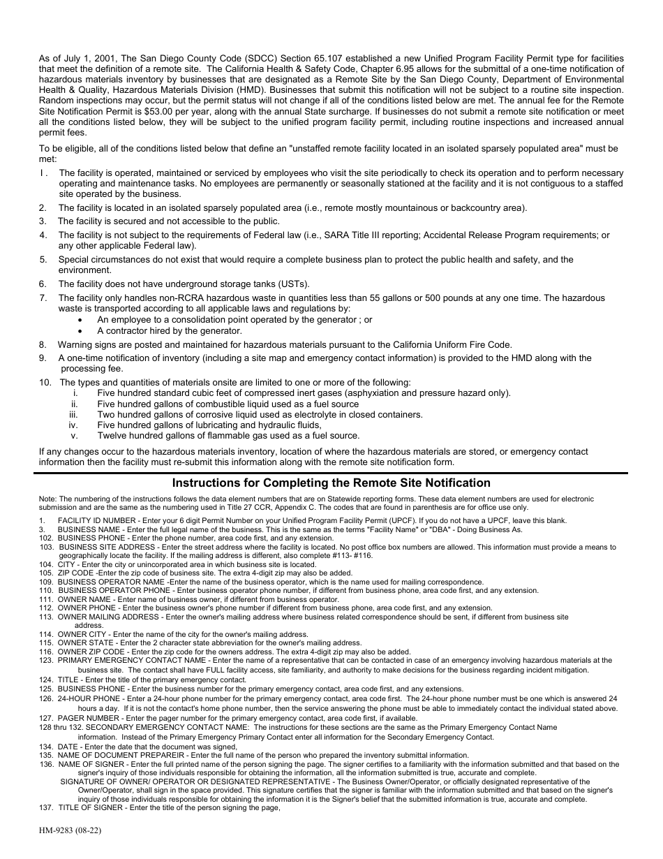 Form HM-9283 Remote Site Notification - County of San Diego, California, Page 2