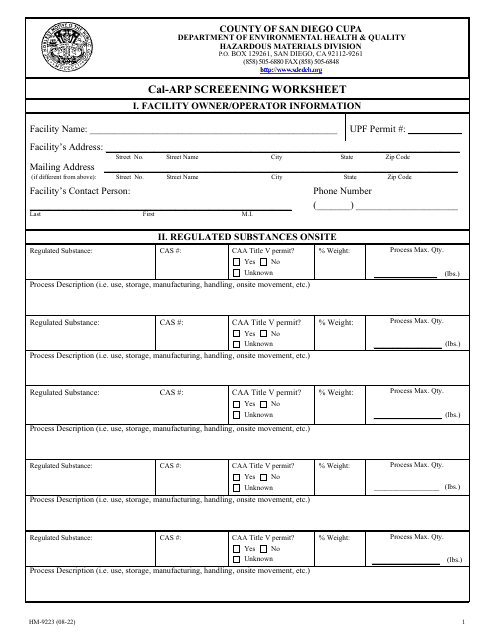 Form HM-9233 Cal-Arp Screeening Worksheet - County of San Diego, California
