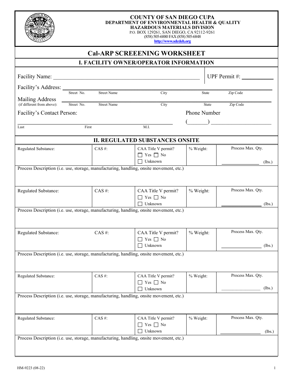 Form HM-9233 Cal-Arp Screeening Worksheet - County of San Diego, California, Page 1