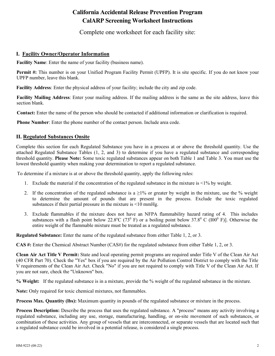 Form HM-9233 Cal-Arp Screeening Worksheet - County of San Diego, California, Page 2